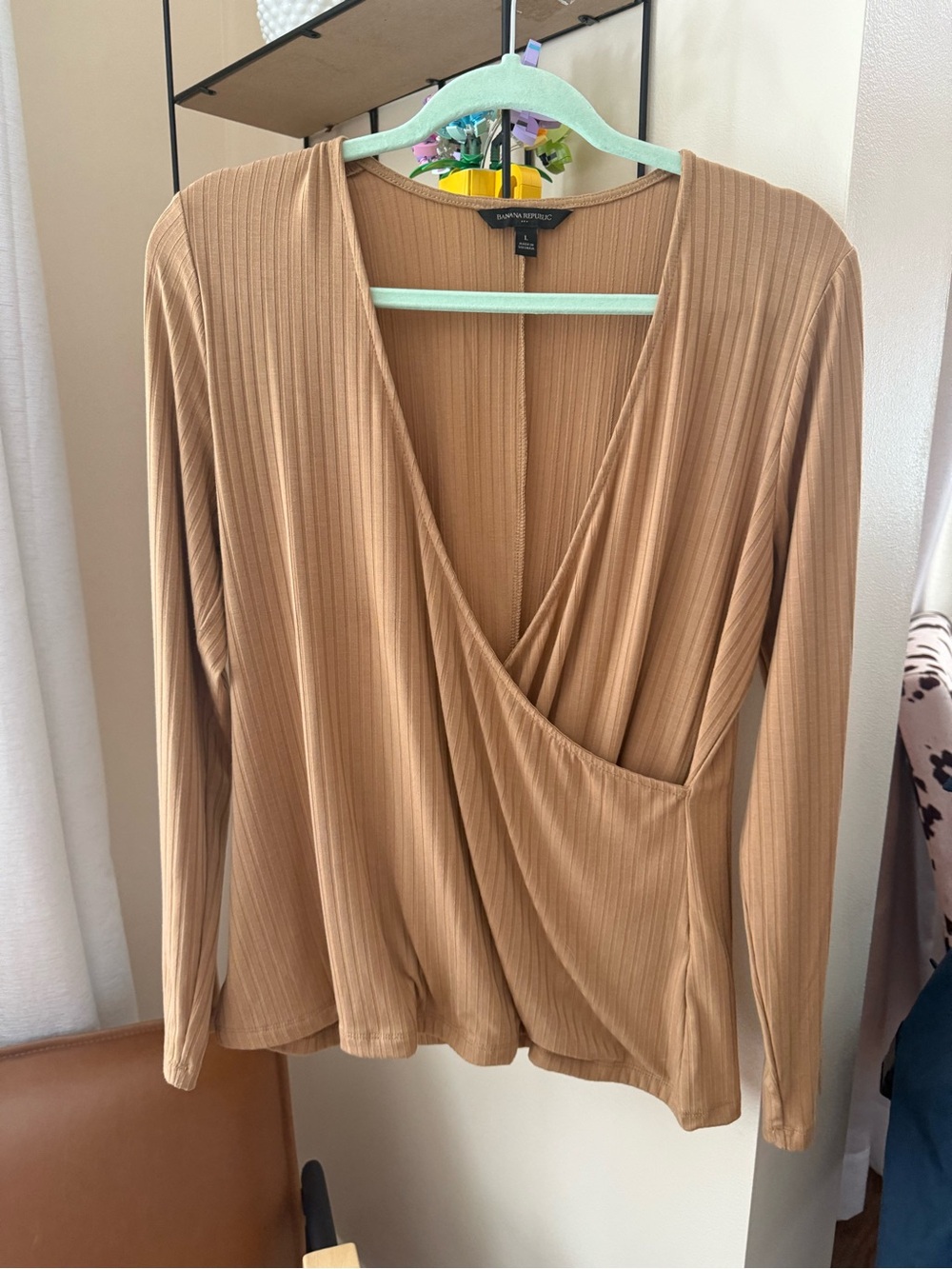 Banana Republic Camel Ribbed Surplice Long Sleeve Top